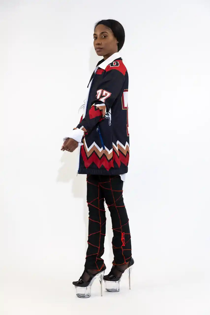 UPCYCLING BASEBALL JERSEY HOODY JACKET / BLACK COSTA 77