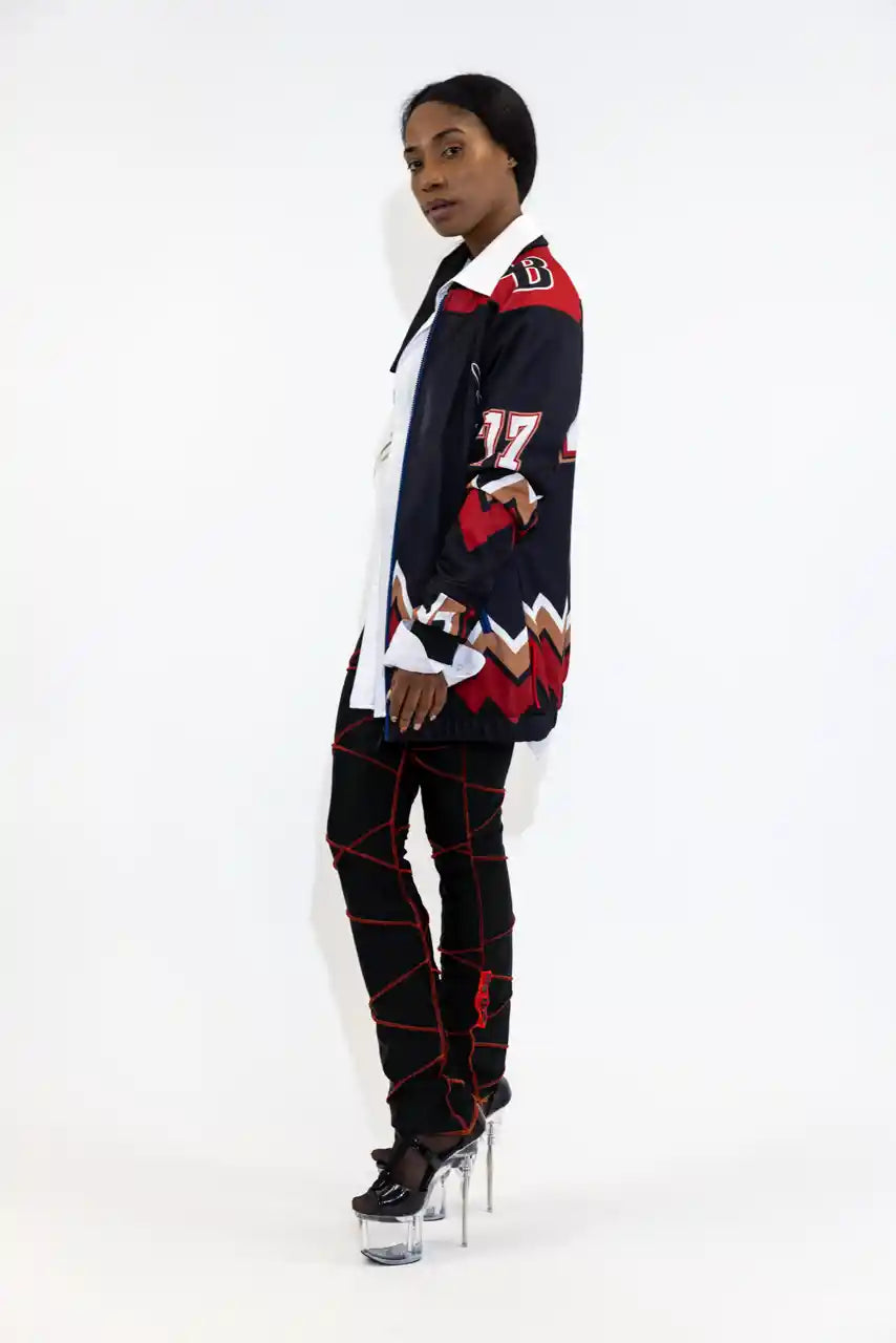 UPCYCLING BASEBALL JERSEY HOODY JACKET / BLACK COSTA 77