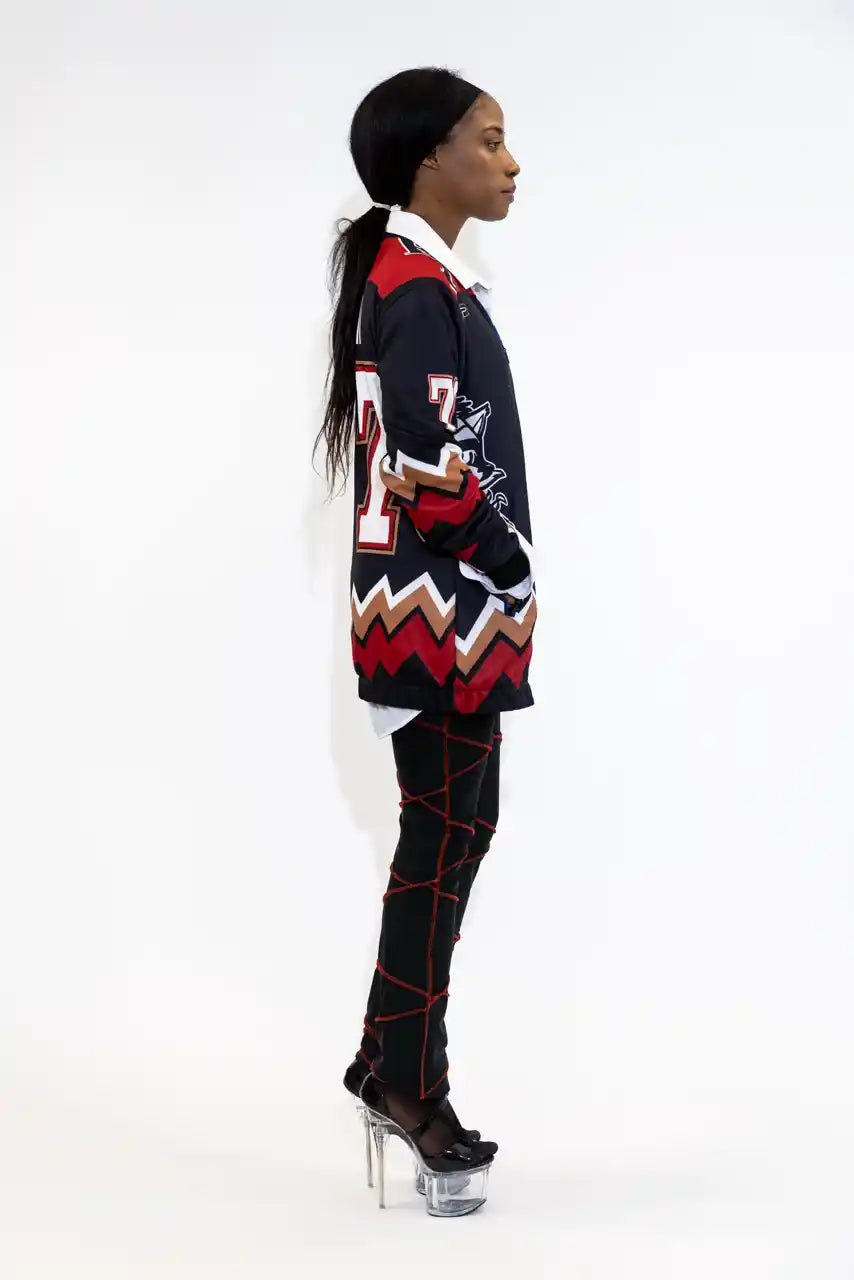 UPCYCLING BASEBALL JERSEY HOODY JACKET / BLACK COSTA 77