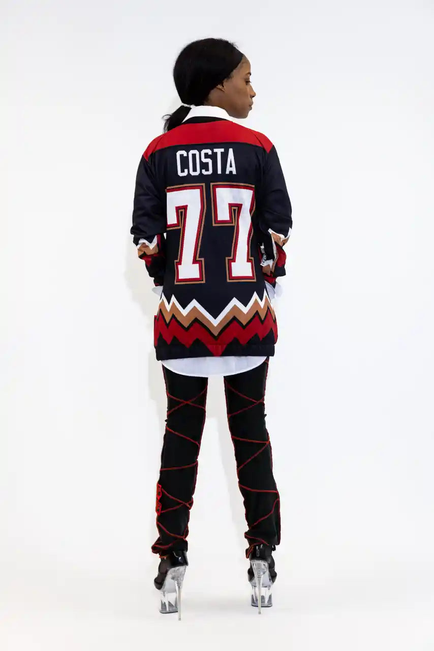 UPCYCLING BASEBALL JERSEY HOODY JACKET / BLACK COSTA 77