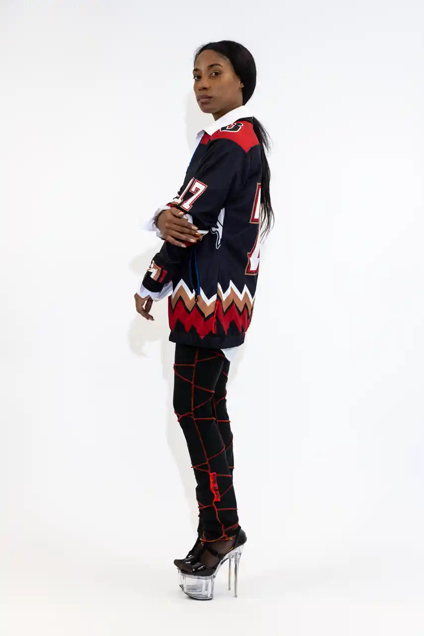 UPCYCLING BASEBALL JERSEY HOODY JACKET / BLACK COSTA 77