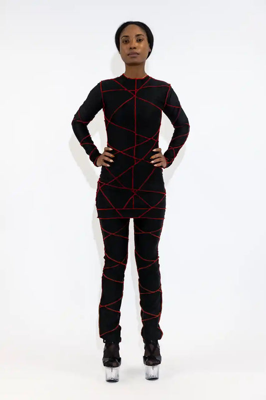 LEGGINGS LONGS ICONIQUES XB / PATCHWORK NOIR / COUTURES ROUGES