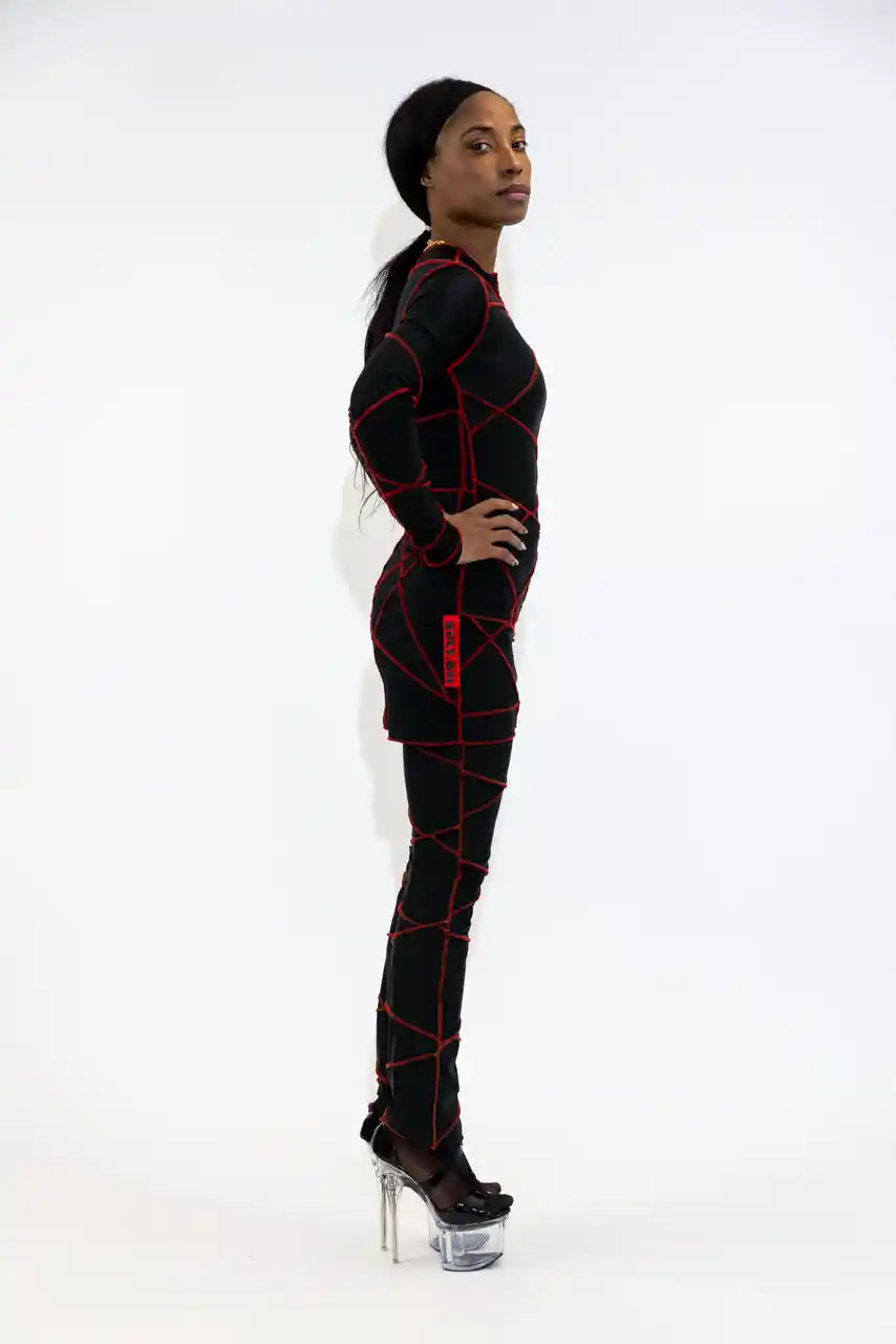 LEGGINGS LONGS ICONIQUES XB / PATCHWORK NOIR / COUTURES ROUGES