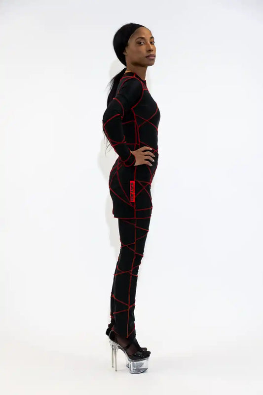 LEGGINGS LONGS ICONIQUES XB / PATCHWORK NOIR / COUTURES ROUGES