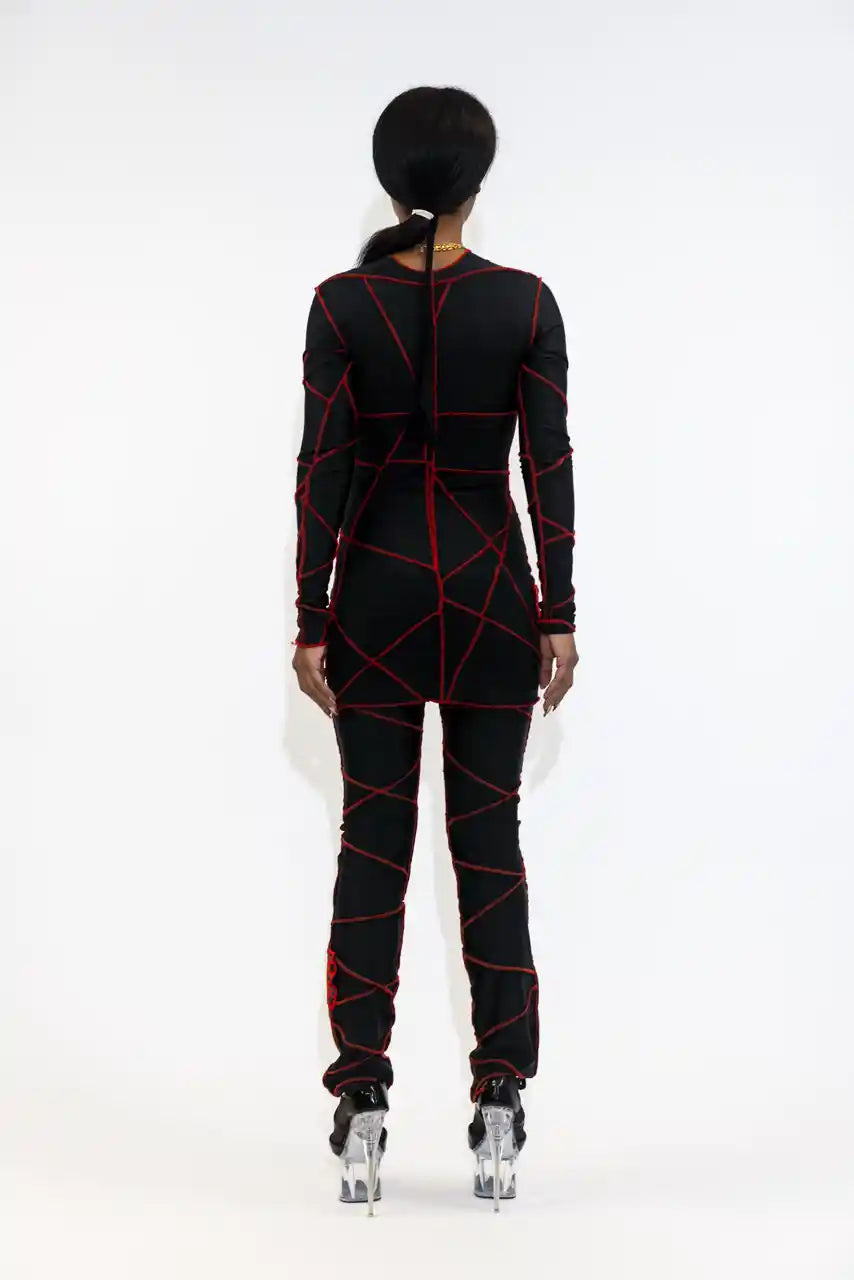 LEGGINGS LONGS ICONIQUES XB / PATCHWORK NOIR / COUTURES ROUGES