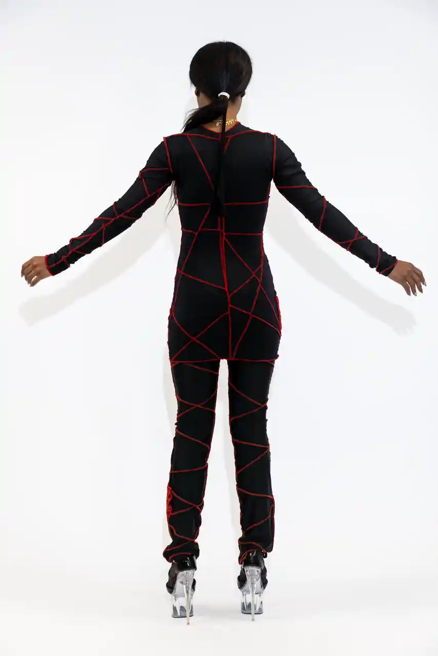 LEGGINGS LONGS ICONIQUES XB / PATCHWORK NOIR / COUTURES ROUGES