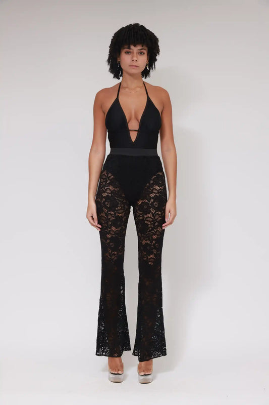 LACE LONG FLAIRE LEGGINGS / BLACK