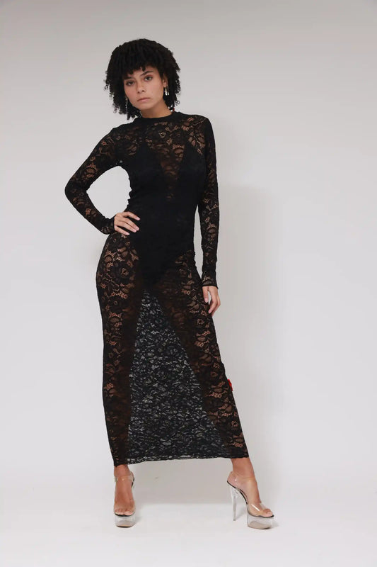 LACE LONG SLEEVES LONG DRESS / BLACK