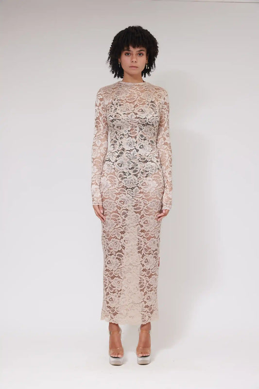LACE LONG SLEEVES LONG DRESS / BEIGE
