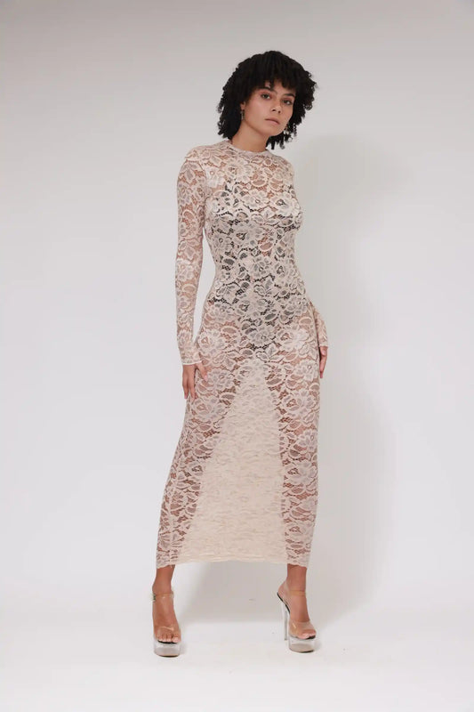 LACE LONG SLEEVES LONG DRESS / BEIGE