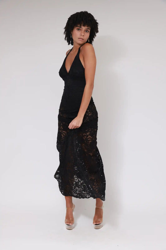 LACE BACKLESS DRESS / BLACK