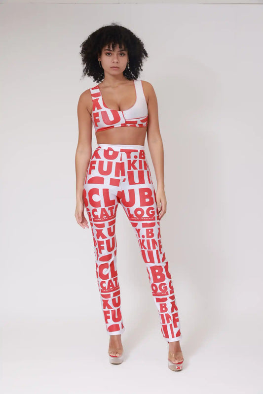 Legging long imprimé drapeau XB / rouge sur blanc / coutures rouges