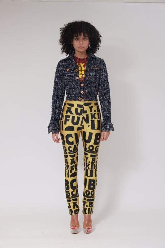 XB FLAGPRINT LONG LEGGINGS / BLACK ON GOLD / RED STITCHING