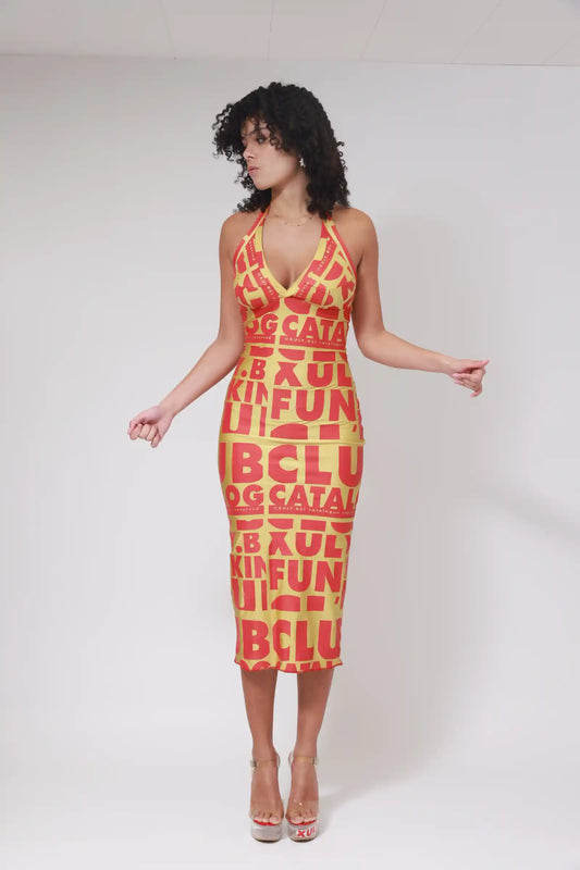 ROBE DOS NU IMPRIMÉ DRAPEAU XB / ROUGE SUR OR
