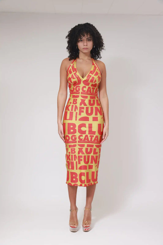 ROBE DOS NU IMPRIMÉ DRAPEAU XB / ROUGE SUR OR