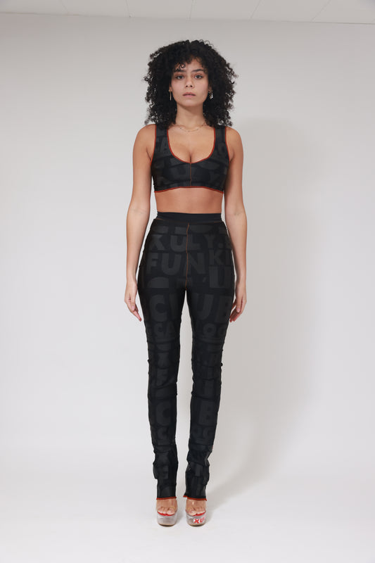 XB FLAGPRINT LONG LEGGINGS / BLACK ON BLACK / RED STITCHING