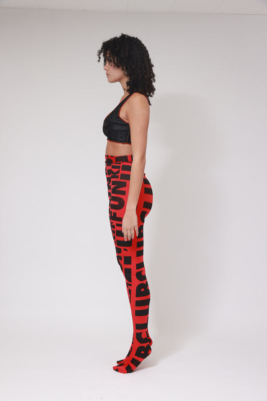XB FLAGPRINT LONG TIGHTS / BLACK ON RED / RED STITCHING