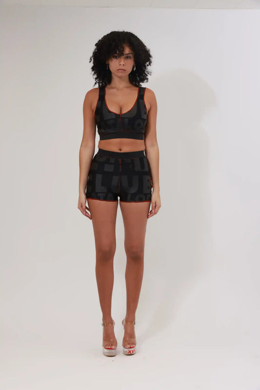 XB FLAGPRINT BRALETTE / BLACK ON BLACK / RED STITCHING