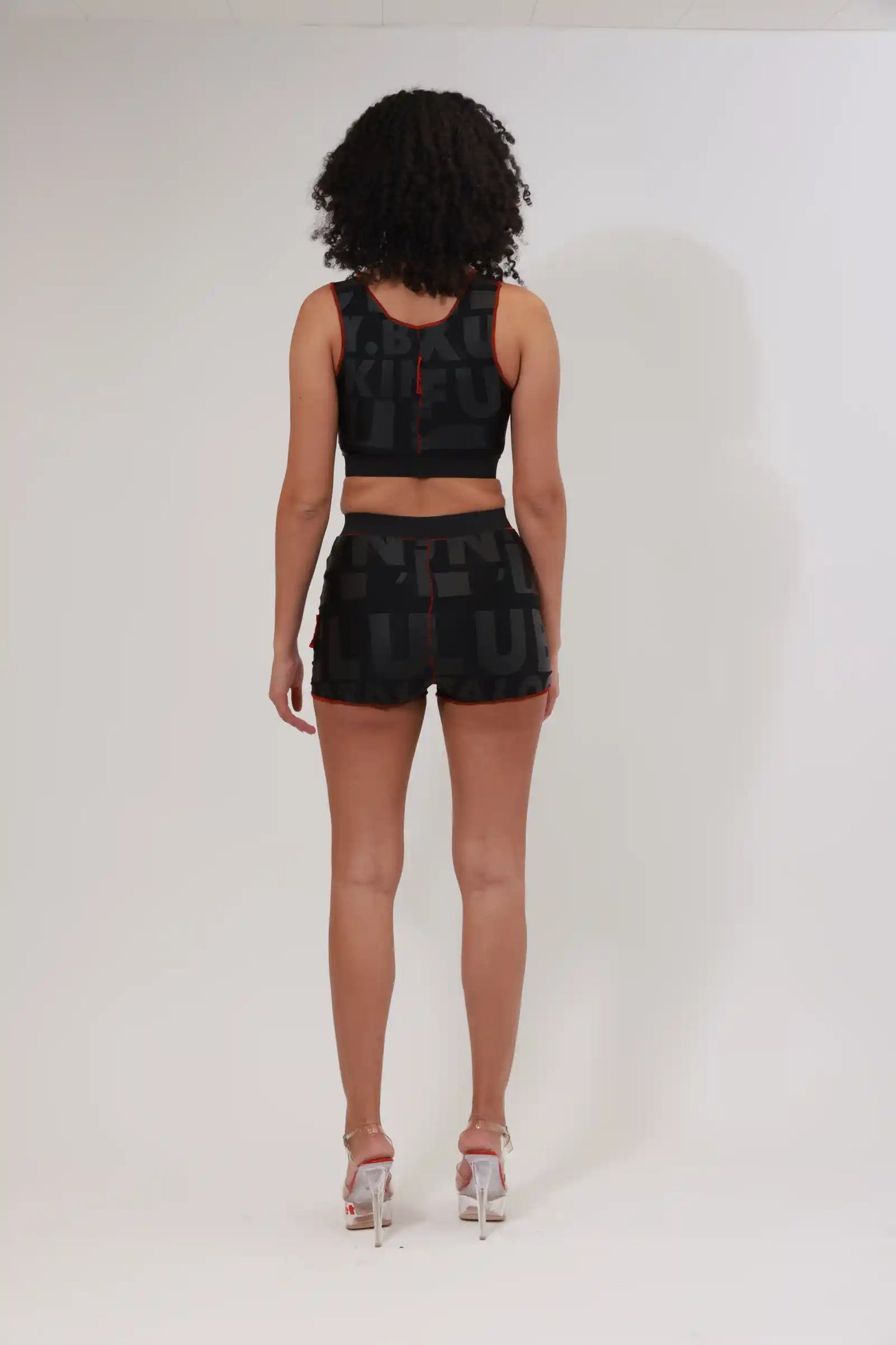 XB FLAGPRINT BRALETTE / BLACK ON BLACK / RED STITCHING