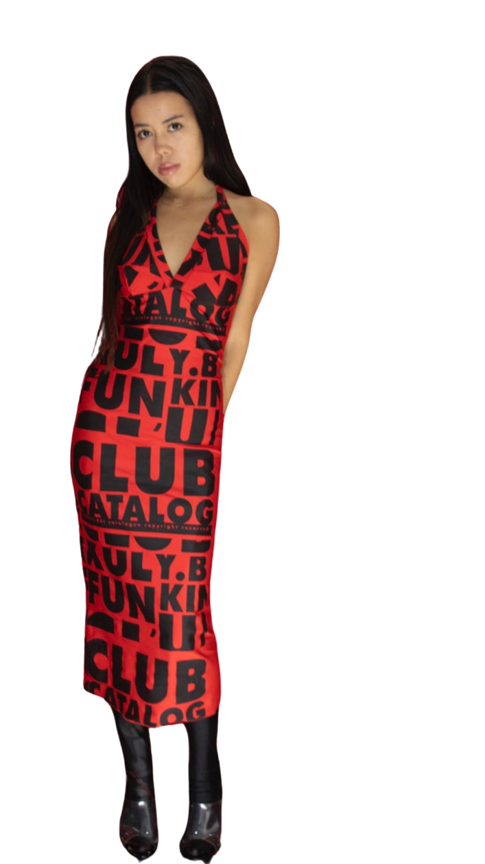 SPECIAL PRE-ORDER FW24/ LIMITED EDTION / DELIVERY SCHEDULE JUNE 30TH TO JULY 15TH/ LOU GLAM DRESS/RED La robe dos nu en lycra rouge 'ALL OVER' noir par XULY.Bët