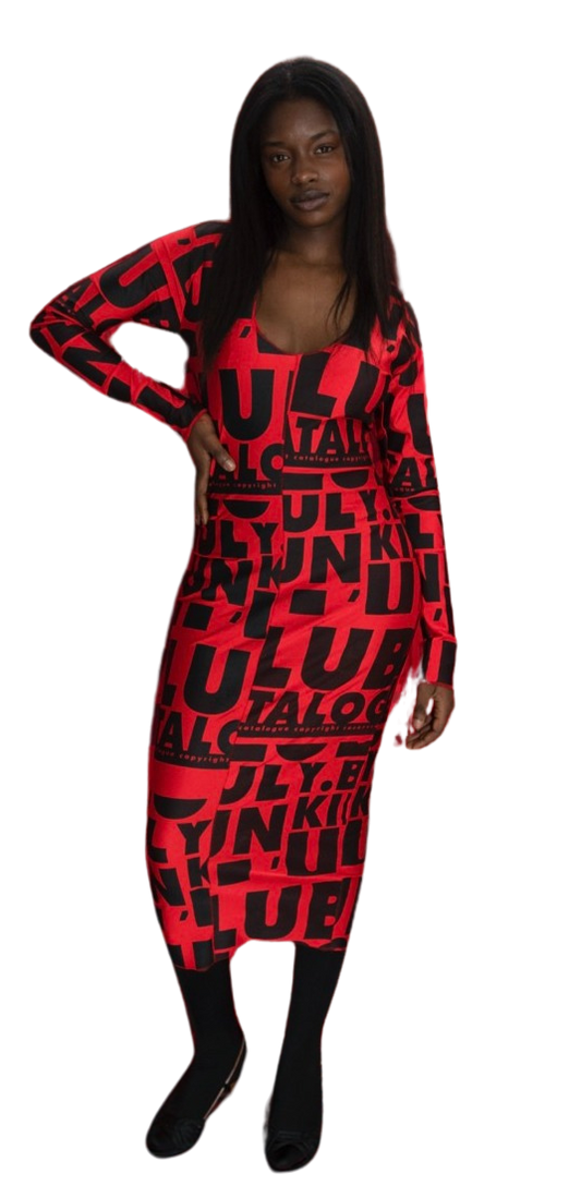 FANTA XTRA FUNK DRESS/RED La robe midi en lycra rouge 'ALL OVER' noir par XULY.Bët