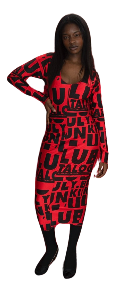 SPECIAL PRE-ORDER FW24/ LIMITED EDTION / DELIVERY SCHEDULE JUNE 30TH TO JULY 15TH/ FANTA XTRA FUNK DRESS/RED La robe midi en lycra rouge 'ALL OVER' noir par XULY.Bët